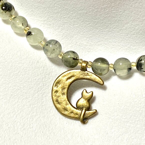 Genuine Prehnite Bronze Cat on the Moon Necklace, Gemstone Beaded Necklace - Picture 1 of 11